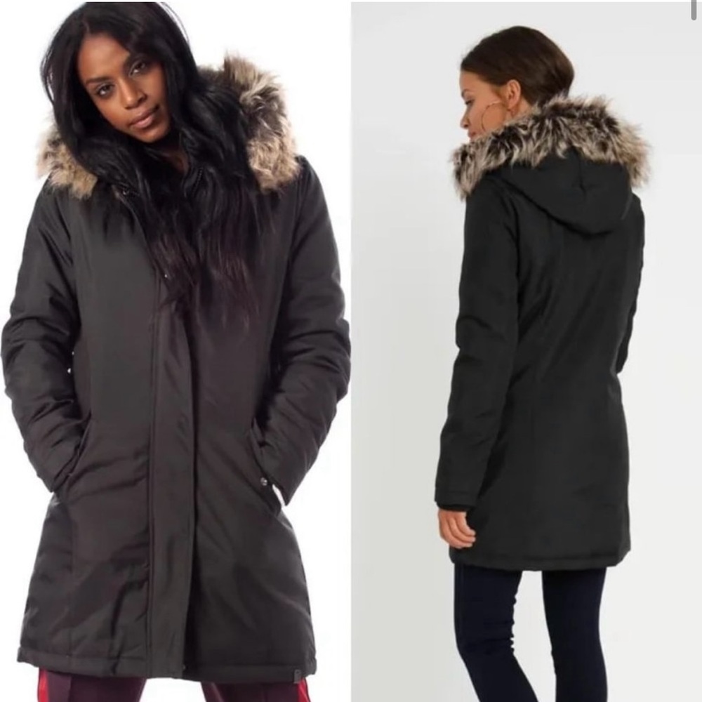 Only Black Hooded Puffer Coat with Fur Trim